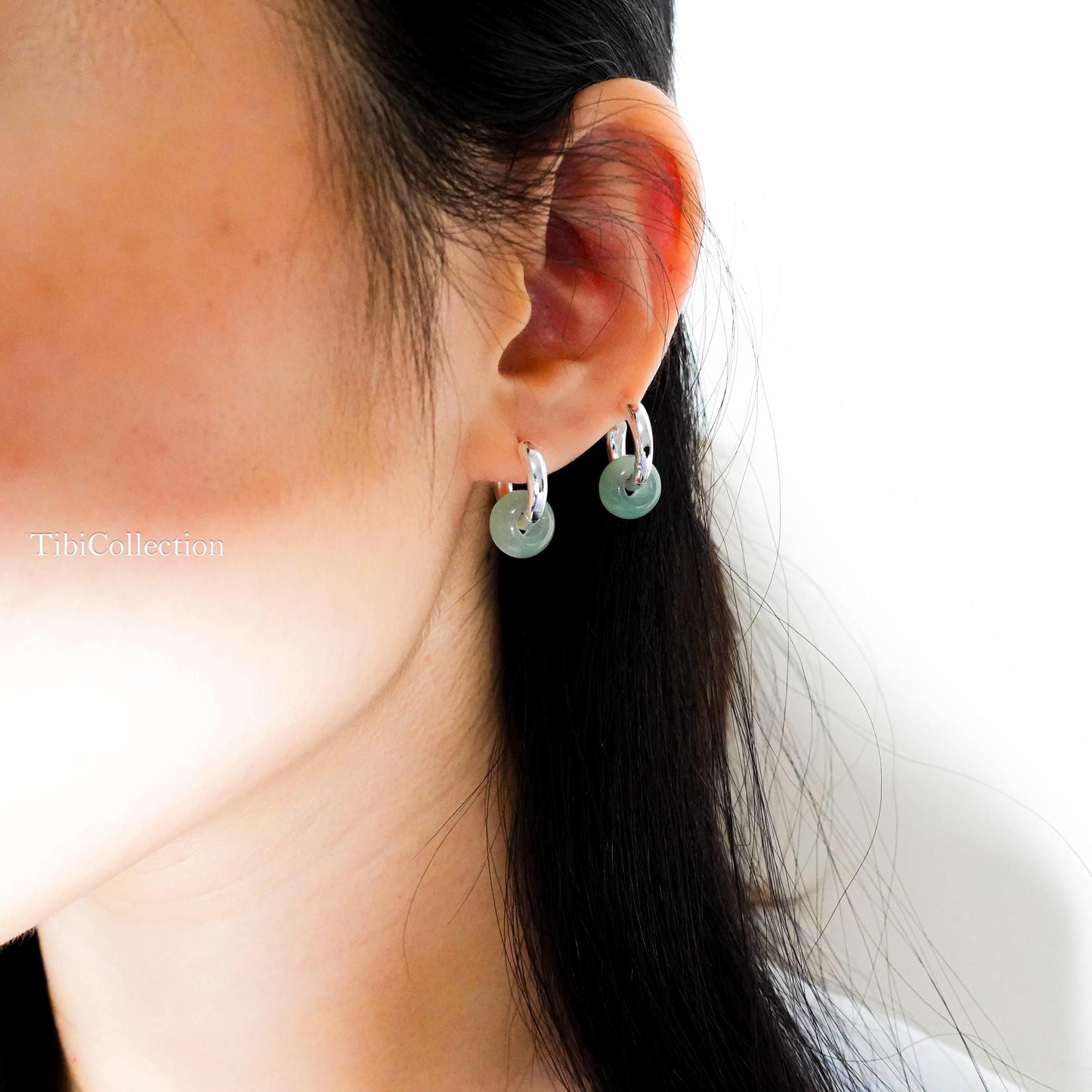 925 Sterling Silver 2-in-1 Double Hoop Earrings, Green Jade Huggie Hoops Gift for Her