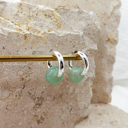 925 Sterling Silver 2-in-1 Double Hoop Earrings, Green Jade Huggie Hoops Gift for Her