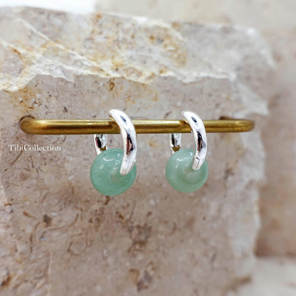 925 Sterling Silver 2-in-1 Double Hoop Earrings, Green Jade Huggie Hoops Gift for Her