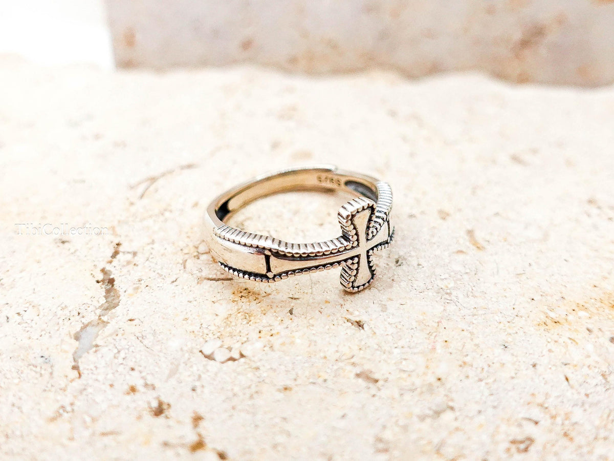 Sterling Silver Cross Ring, Adjustable Oxidized Unisex Celtic Cross Ring for Men Women Religious Jewelry Gift for Him Her