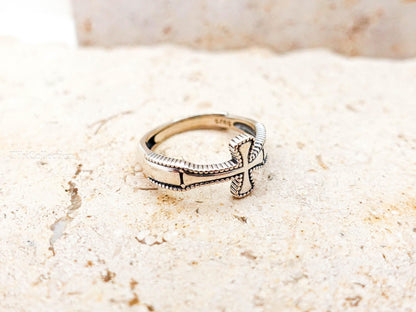 Sterling Silver Cross Ring, Adjustable Oxidized Unisex Celtic Cross Ring for Men Women Religious Jewelry Gift for Him Her