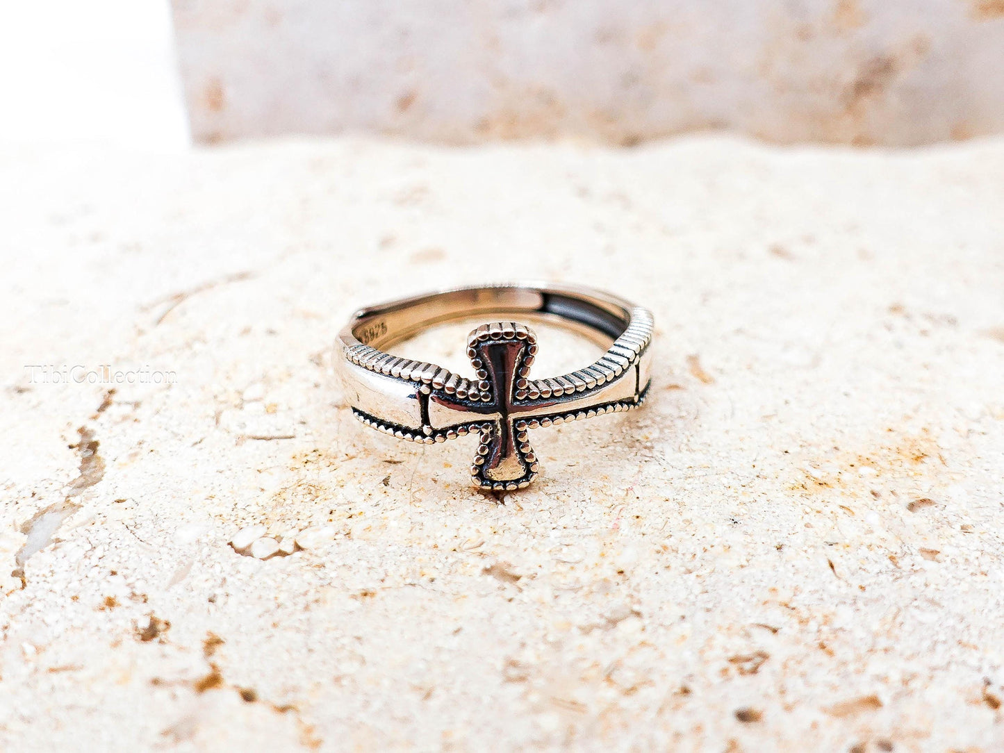 Sterling Silver Cross Ring, Adjustable Oxidized Unisex Celtic Cross Ring for Men Women Religious Jewelry Gift for Him Her