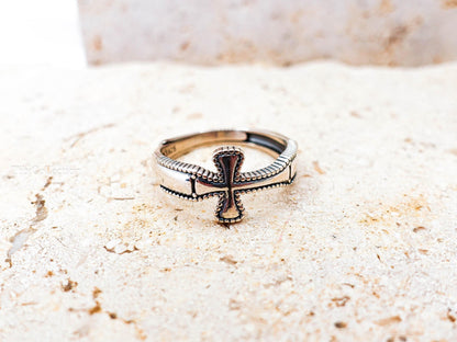 Sterling Silver Cross Ring, Adjustable Oxidized Unisex Celtic Cross Ring for Men Women Religious Jewelry Gift for Him Her
