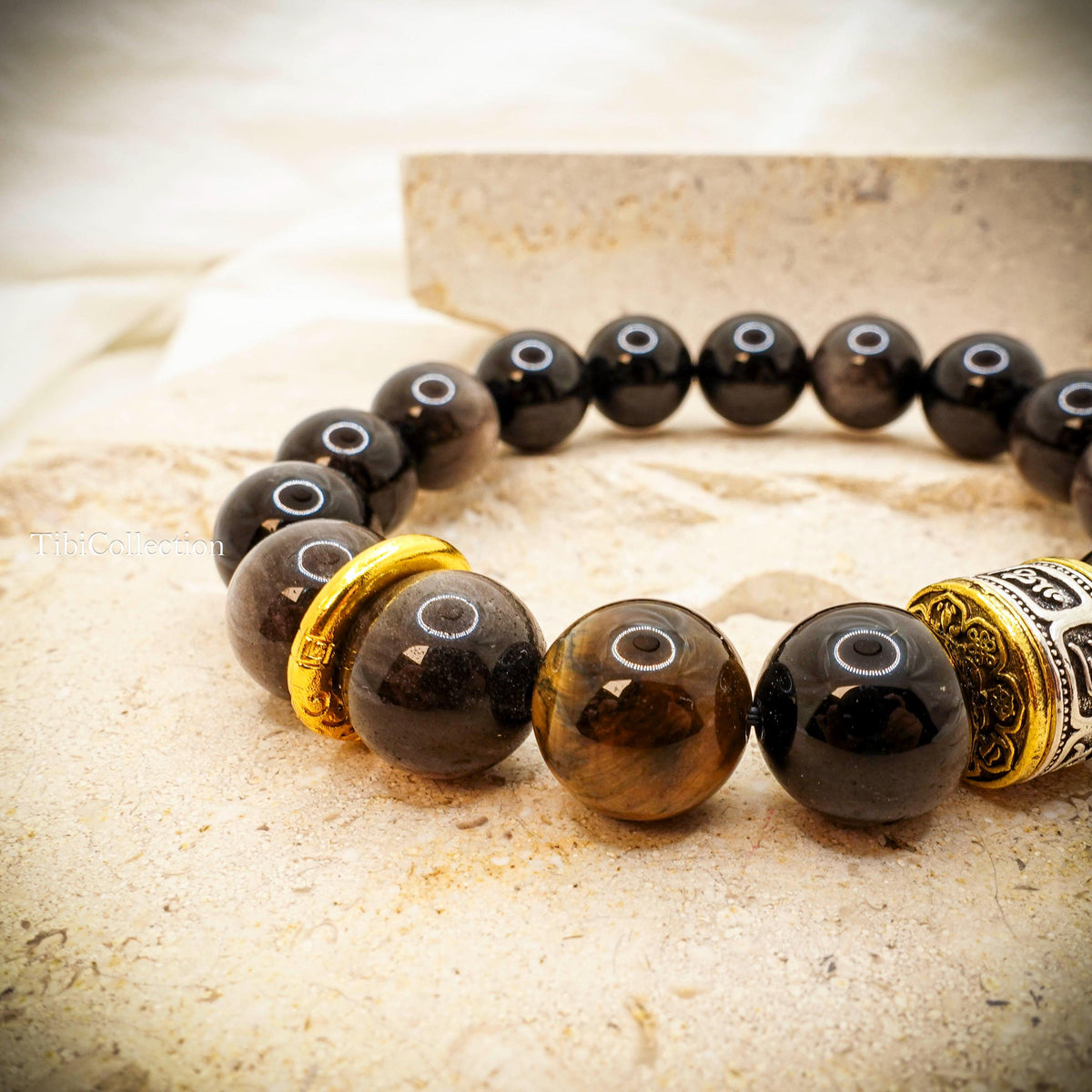 Obsidian Beaded Bracelet, Unisex Mantra Protection Healing Energy Gift for Him Dad Brother
