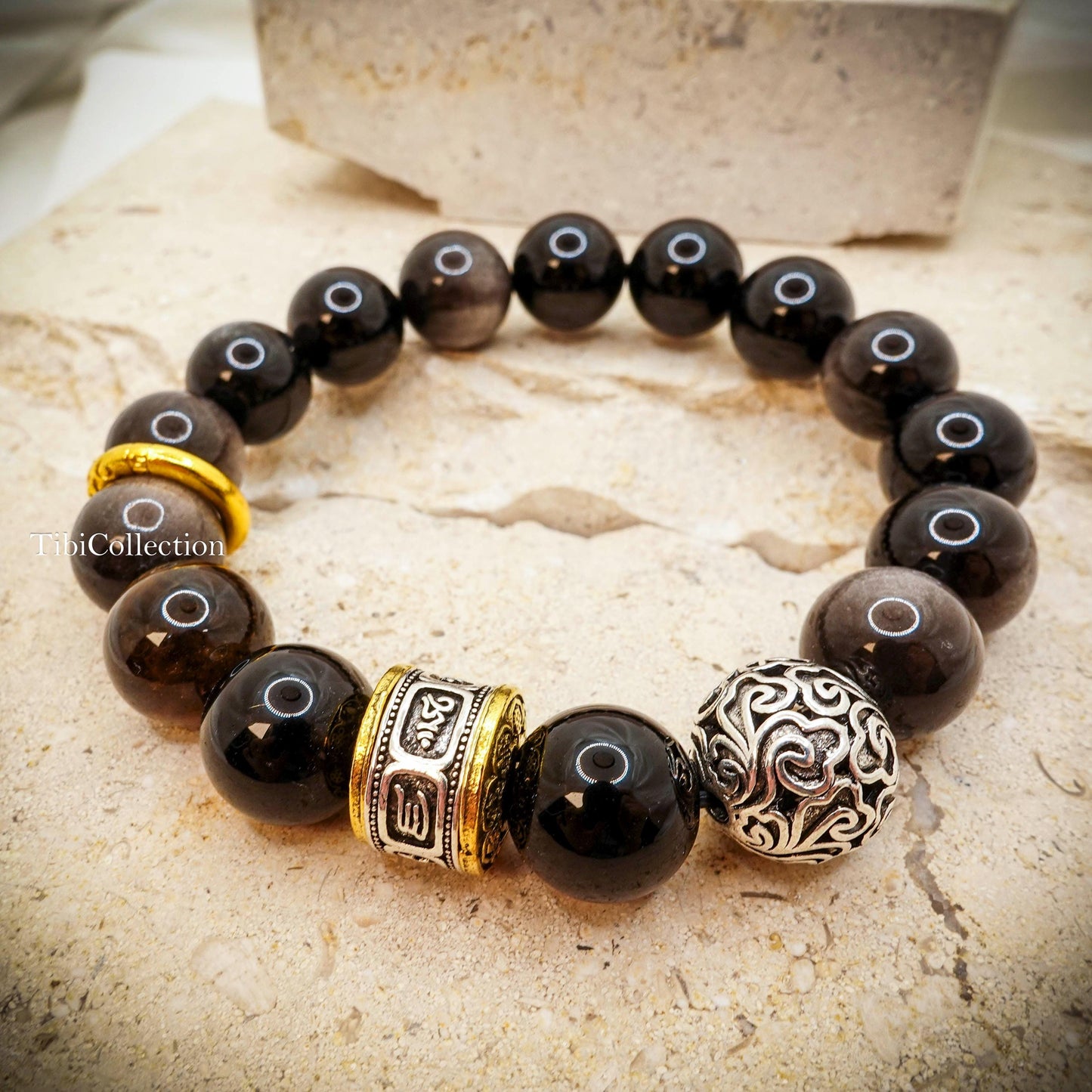 Obsidian Unisex Beaded Bracelet, Mantra Protection Healing Energy Gift for Him