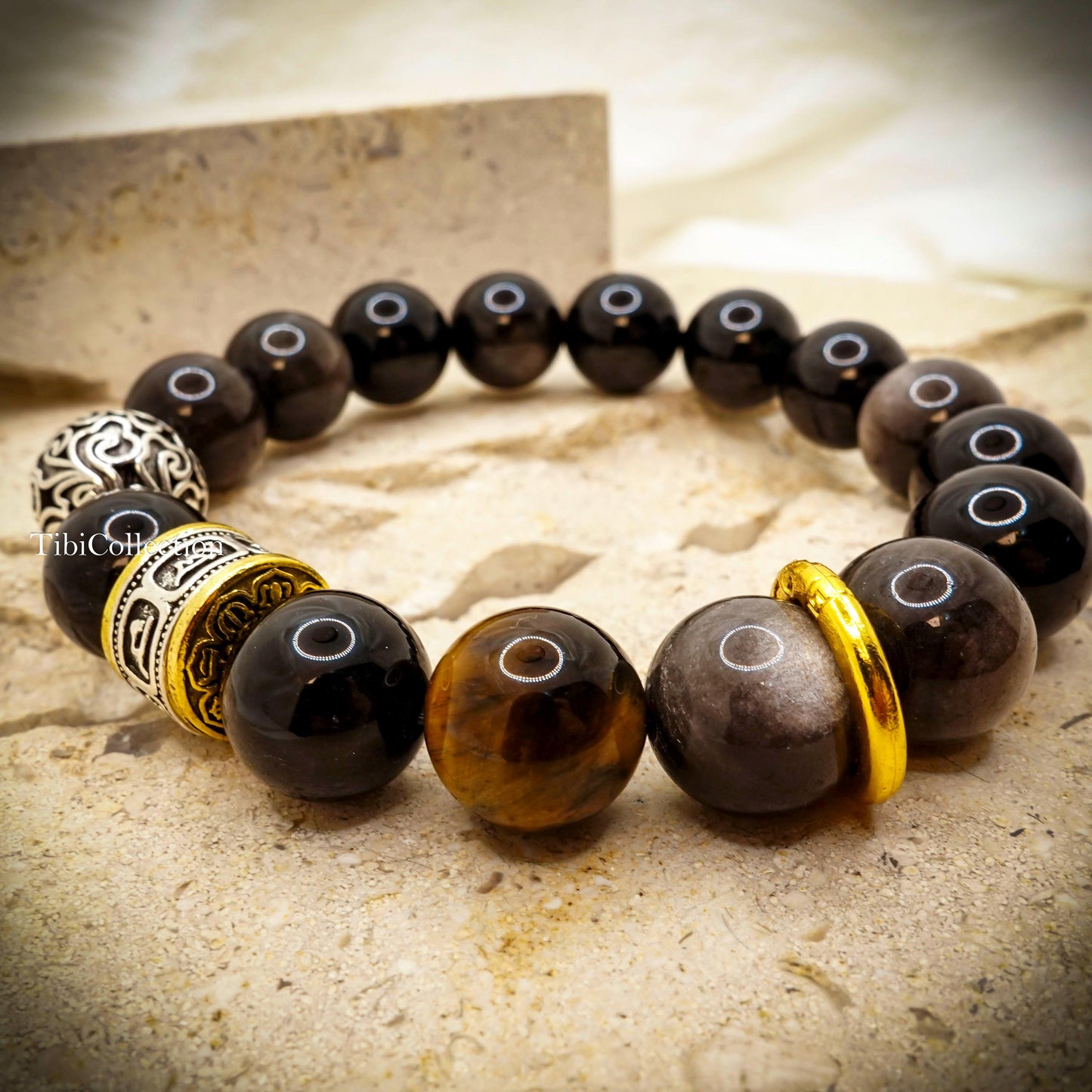 Obsidian Unisex Beaded Bracelet, Mantra Protection Healing Energy Gift for Him