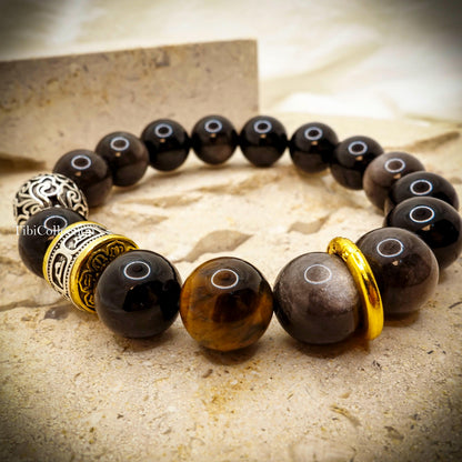 Obsidian Unisex Beaded Bracelet, Mantra Protection Healing Energy Gift for Him