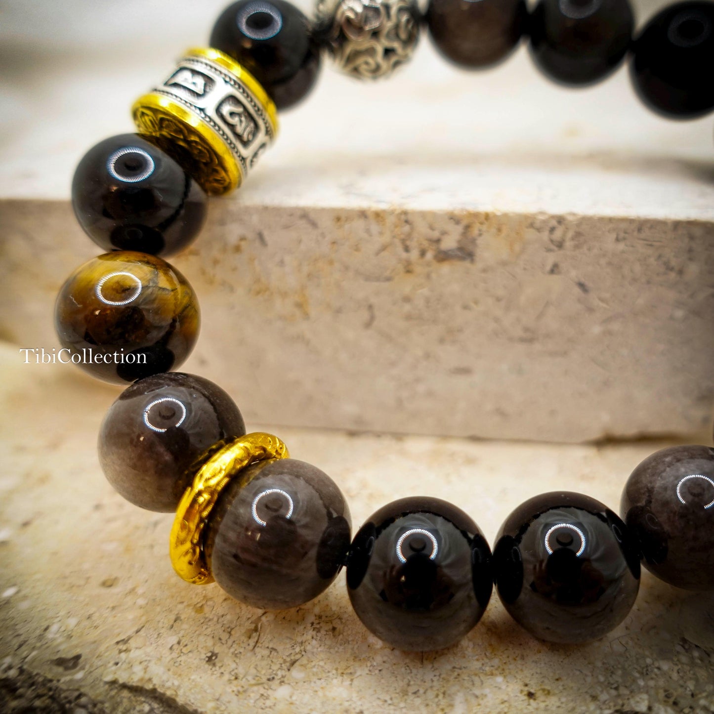 Obsidian Unisex Beaded Bracelet, Mantra Protection Healing Energy Gift for Him
