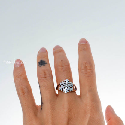 Snowflake Ring Sterling Silver, Adjustable Winter Star Christmas Jewelry Gift for Her