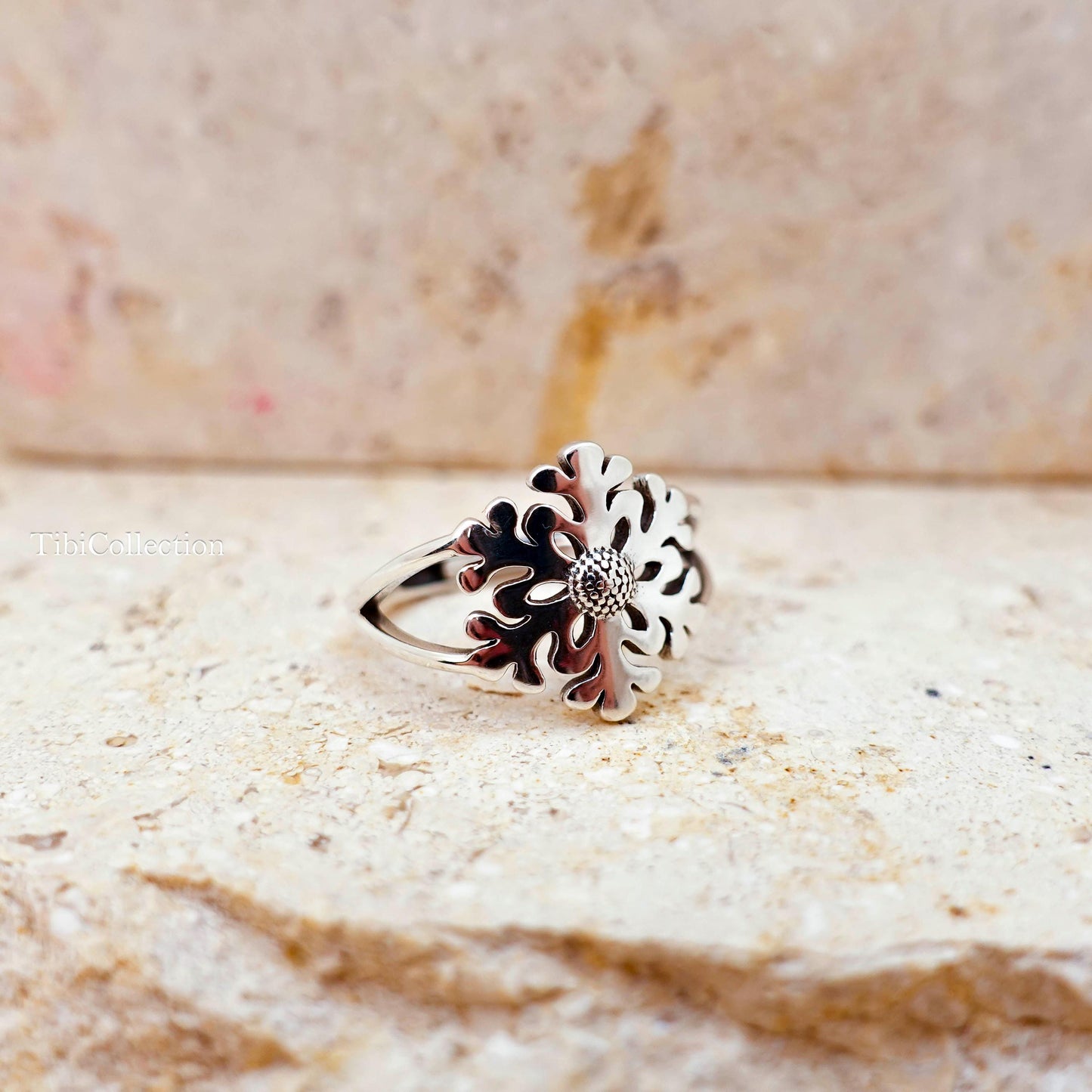 Snowflake Ring Sterling Silver, Adjustable Winter Star Christmas Jewelry Gift for Her