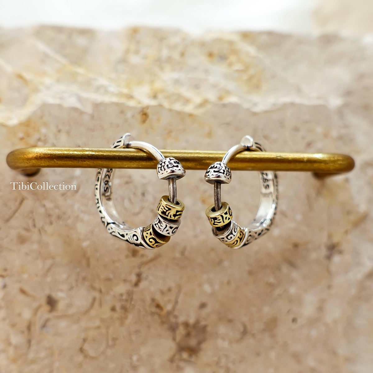 Two Tone Sterling Silver Spinning Hoop Earrings, Unisex Boho Jewelry