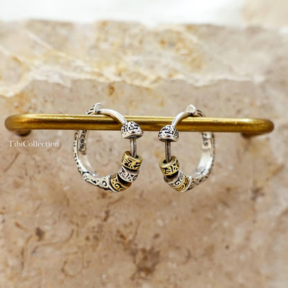 Two Tone Sterling Silver Spinning Hoop Earrings, Unisex Boho Jewelry