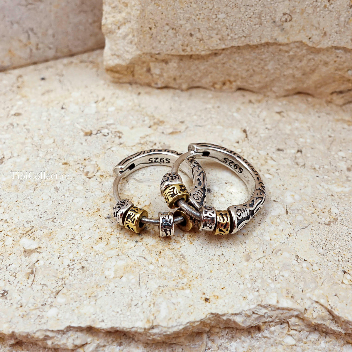 Two Tone Sterling Silver Spinning Hoop Earrings, Unisex Boho Jewelry