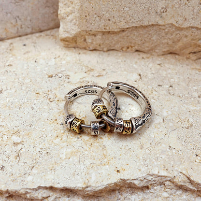 Two Tone Sterling Silver Spinning Hoop Earrings, Unisex Boho Jewelry