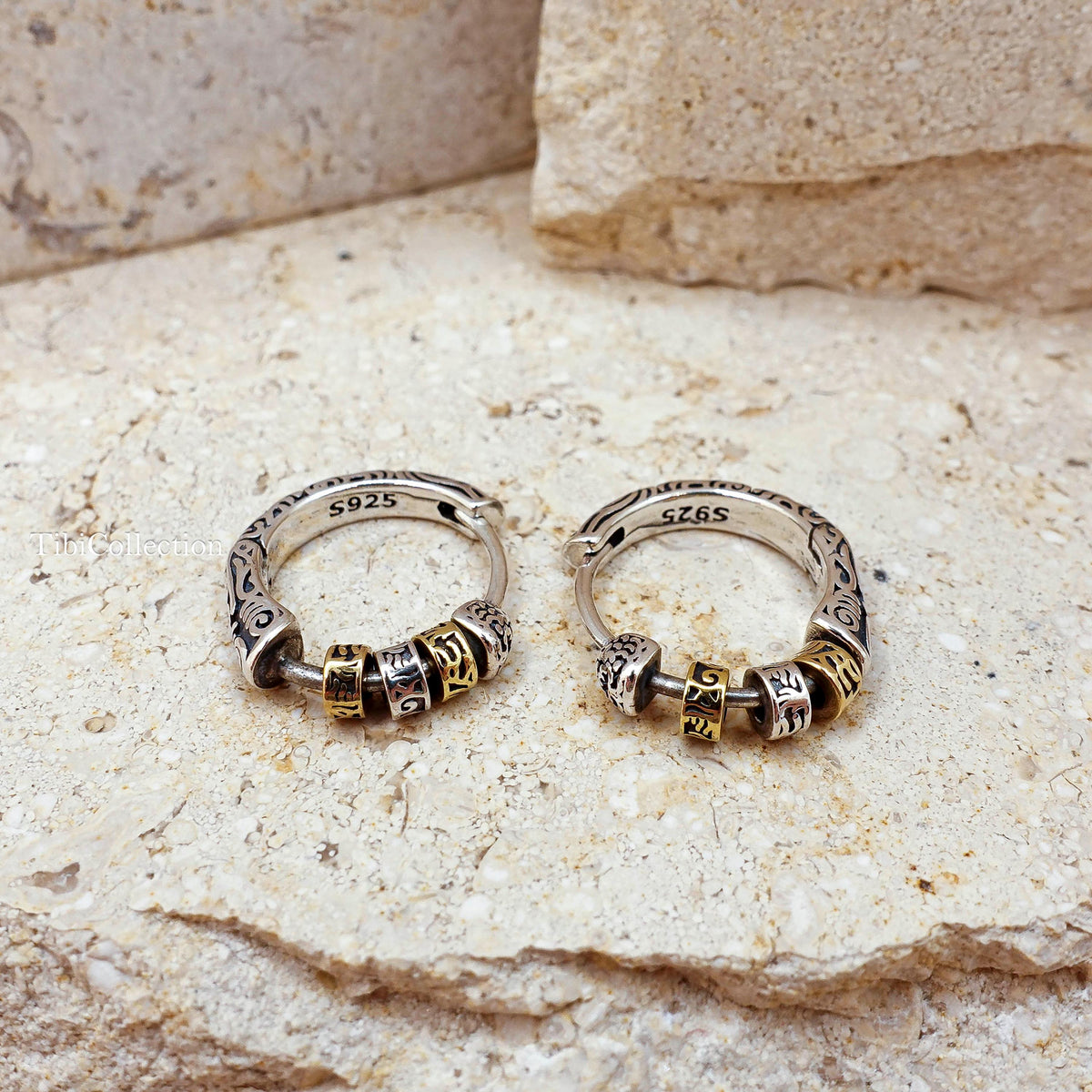 Two Tone Sterling Silver Spinning Hoop Earrings, Unisex Boho Jewelry