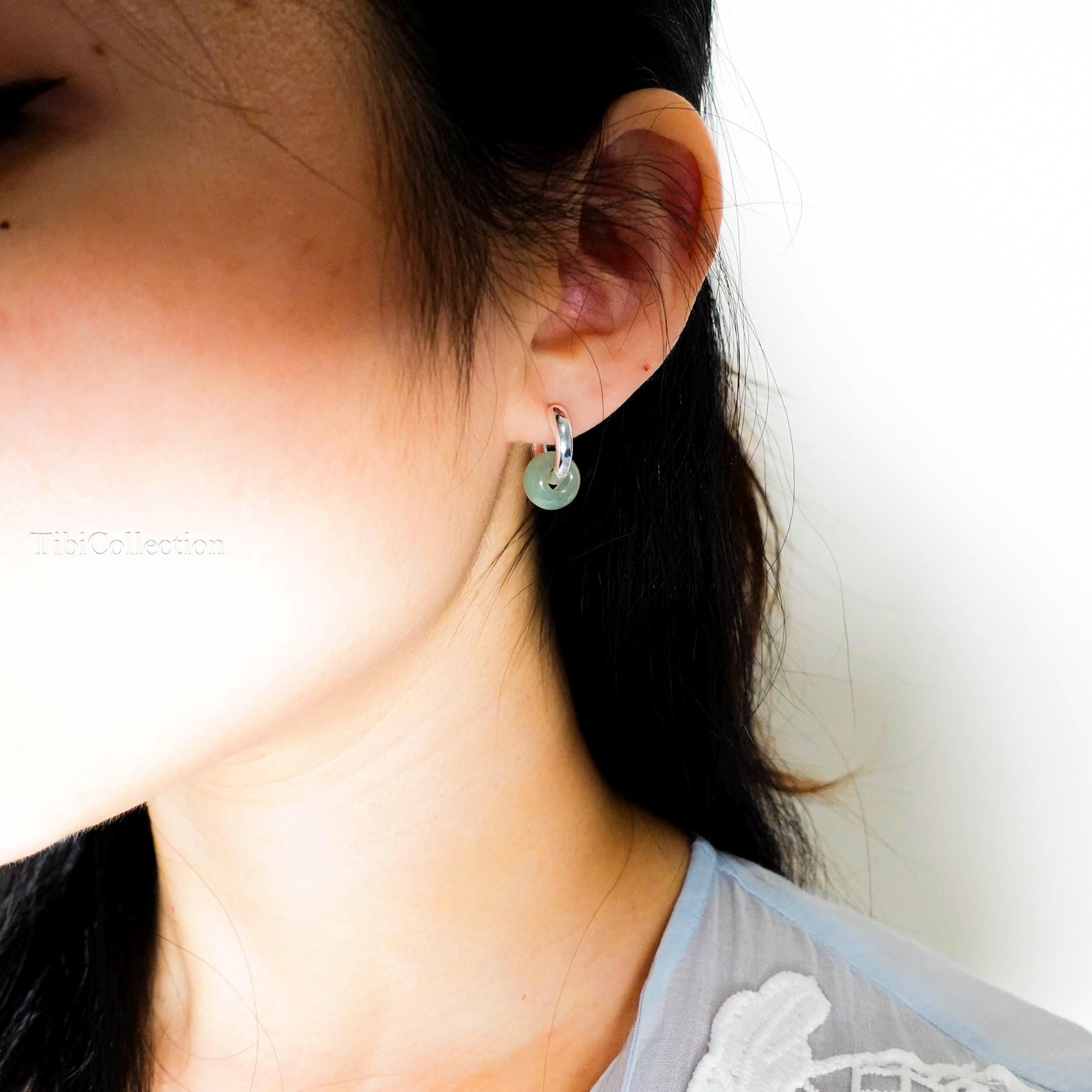 925 Sterling Silver 2-in-1 Double Hoop Earrings, Green Jade Huggie Hoops Gift for Her
