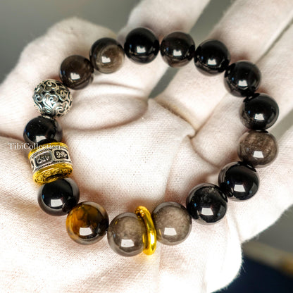 Obsidian Beaded Bracelet, Unisex Mantra Protection Healing Energy Gift for Him Dad Brother
