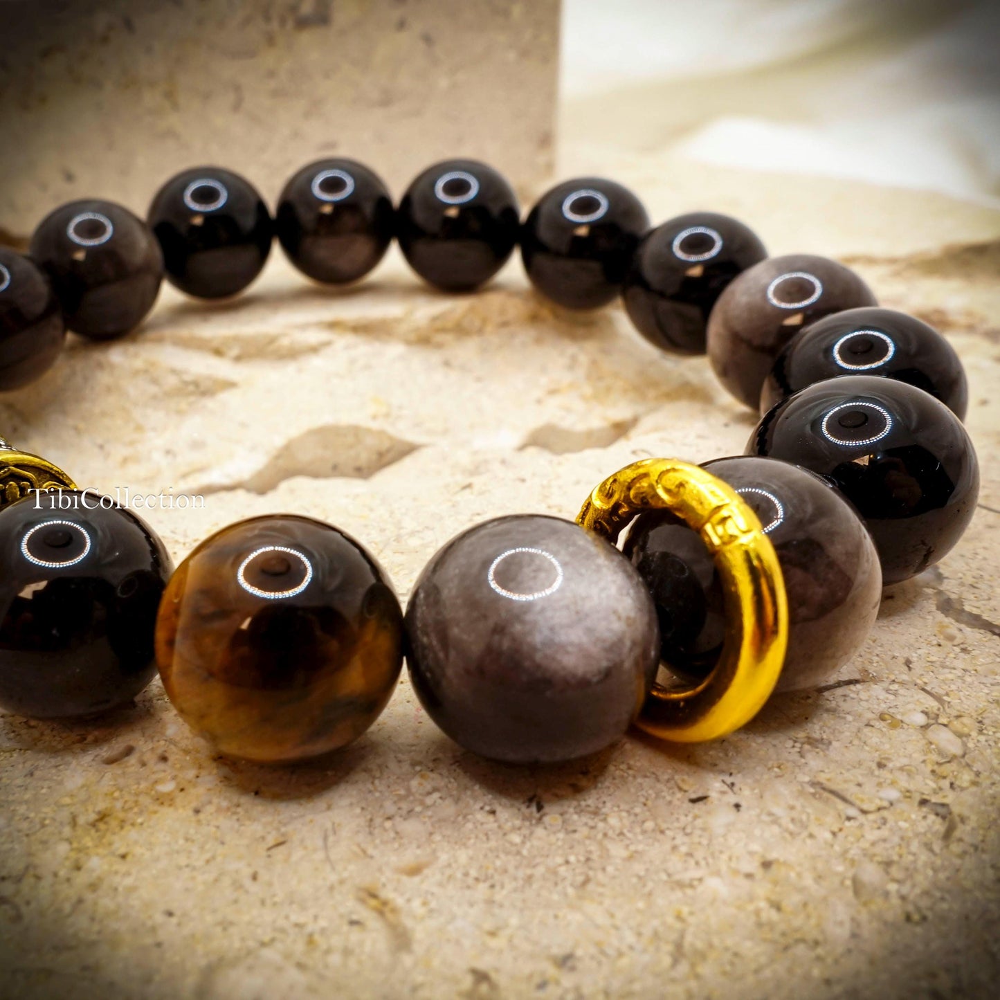 Obsidian Unisex Beaded Bracelet, Mantra Protection Healing Energy Gift for Him