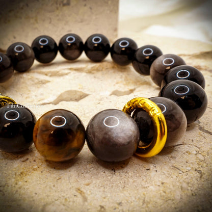 Obsidian Unisex Beaded Bracelet, Mantra Protection Healing Energy Gift for Him
