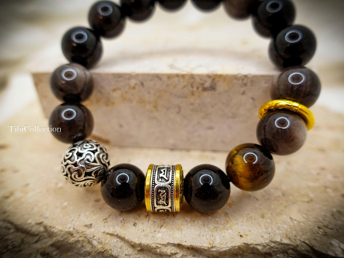Obsidian Beaded Bracelet, Unisex Mantra Protection Healing Energy Gift for Him Dad Brother