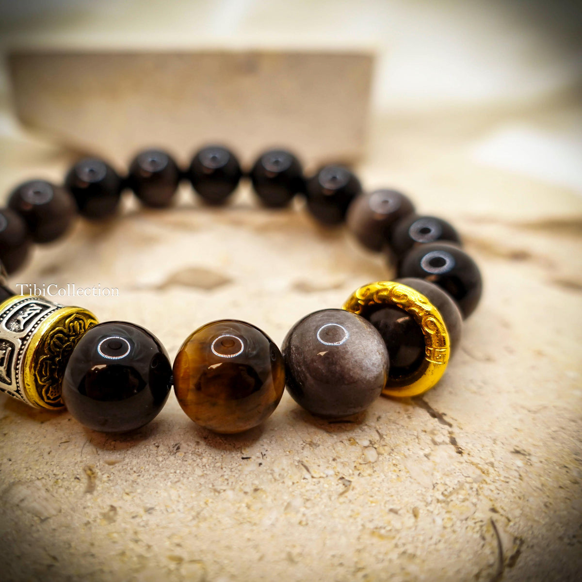 Obsidian Beaded Bracelet, Unisex Mantra Protection Healing Energy Gift for Him Dad Brother