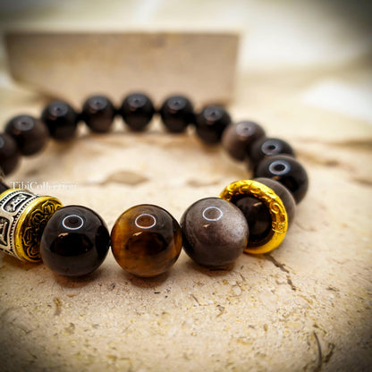 Obsidian Beaded Bracelet, Unisex Mantra Protection Healing Energy Gift for Him Dad Brother