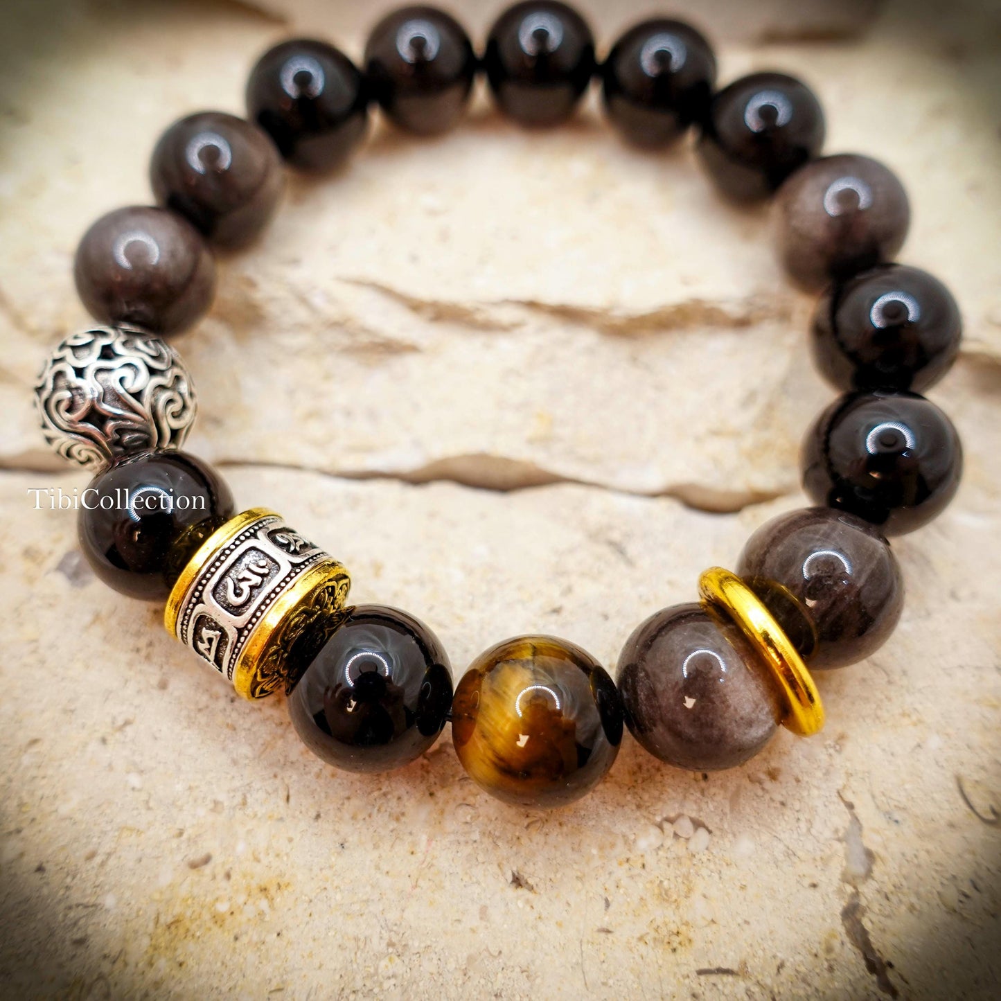 Obsidian Unisex Beaded Bracelet, Mantra Protection Healing Energy Gift for Him