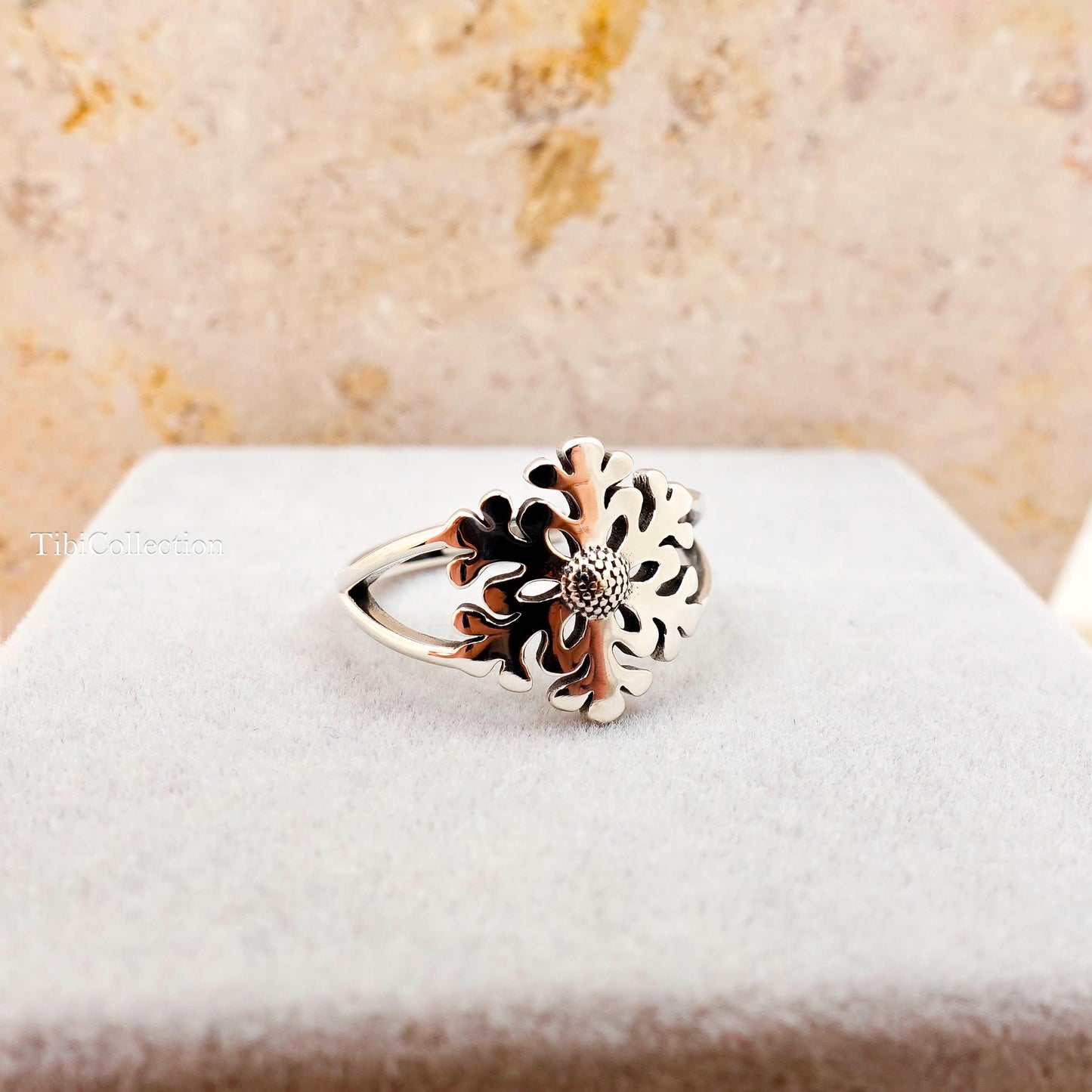 Snowflake Ring Sterling Silver, Adjustable Winter Star Christmas Jewelry Gift for Her
