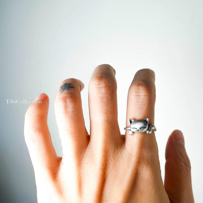 Sterling Silver Adjustable Cat Ring, Cat Lover Granddaughter Gift for Her