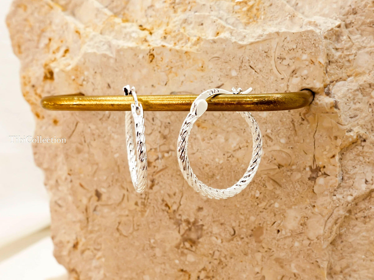 925 Sterling Silver Hoop Earrings, Sparkle Thin Minimalist Everyday Jewelry Gift for Her Mom