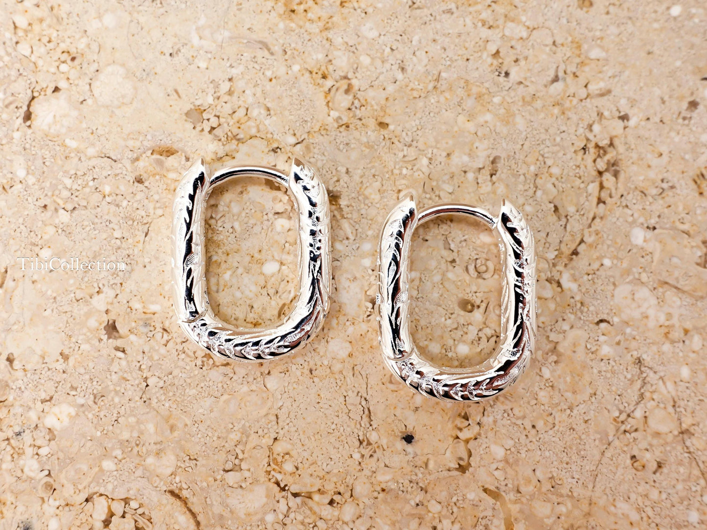 925 Sterling Silver Rectangle Huggie Hoops, Vintage Engraved Paperclip Earrings Gift