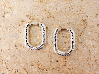 925 Sterling Silver Rectangle Huggie Hoops, Vintage Engraved Paperclip Earrings Gift