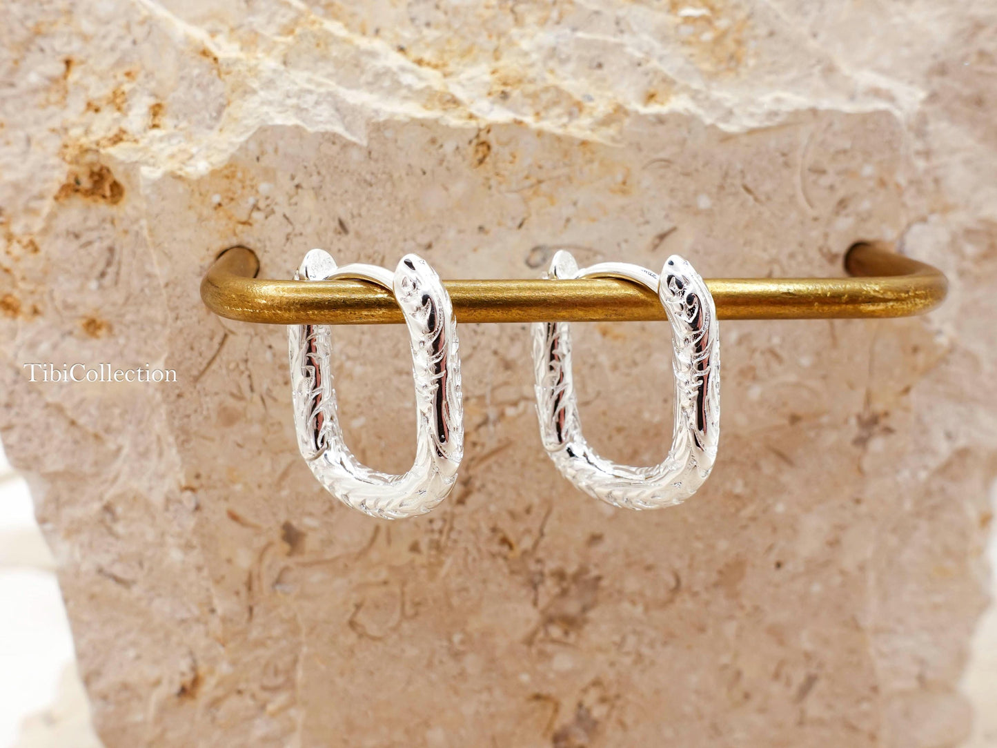 925 Sterling Silver Rectangle Huggie Hoops, Vintage Engraved Paperclip Earrings Gift