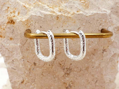 925 Sterling Silver Rectangle Huggie Hoops, Vintage Engraved Paperclip Earrings Gift