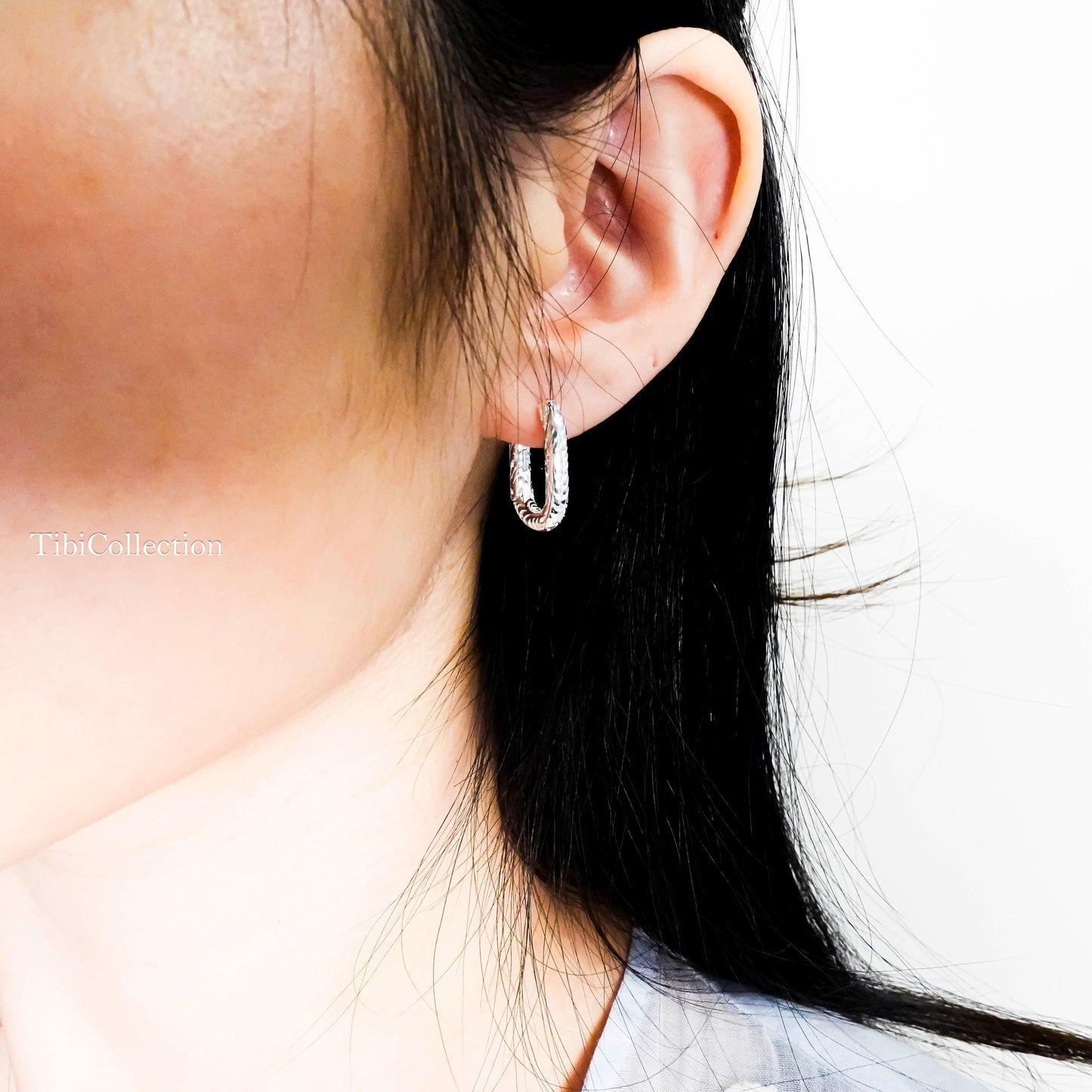 925 Sterling Silver Rectangle Huggie Hoops, Vintage Engraved Paperclip Earrings Gift