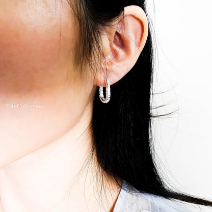 925 Sterling Silver Rectangle Huggie Hoops, Vintage Engraved Paperclip Earrings Gift