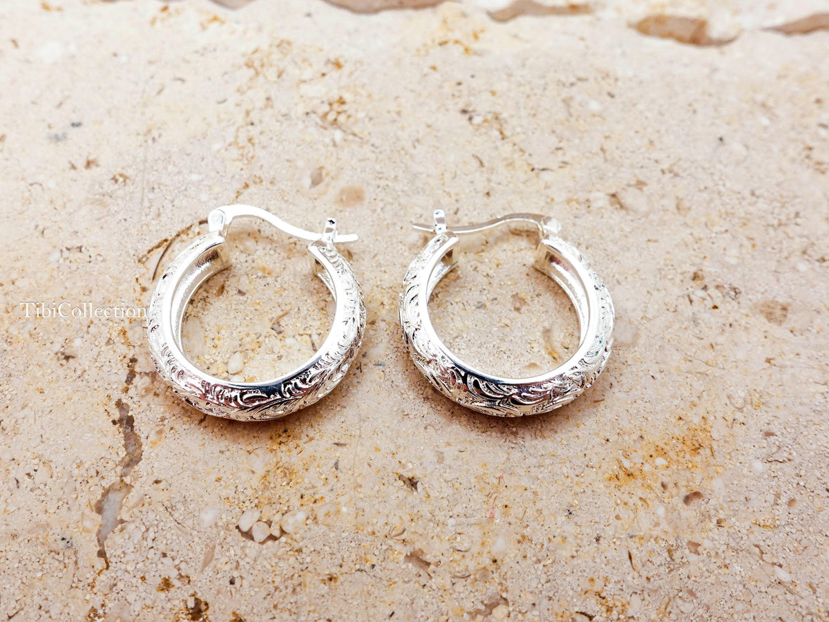 Sterling Silver Vintage Engraved Hoop Earrings, Medium Floral Hoops Gift for Her