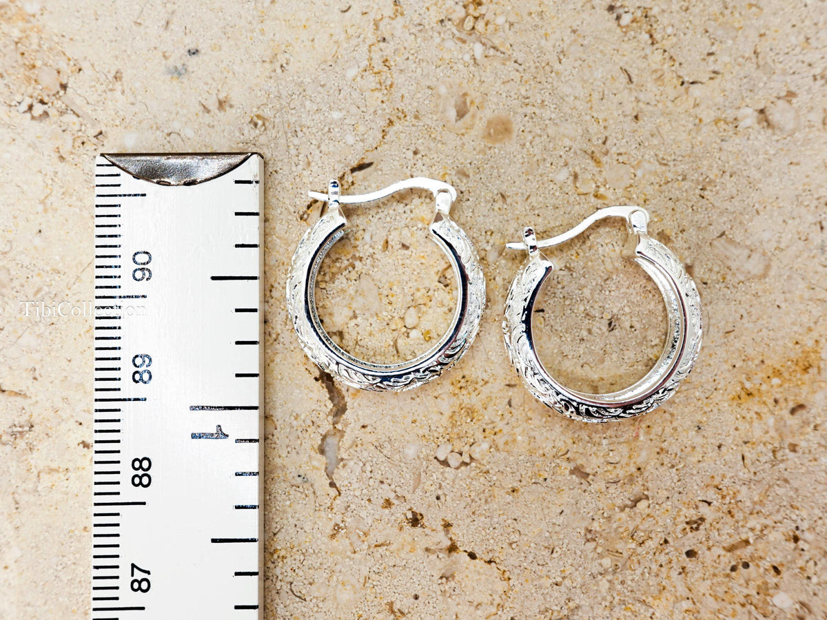 Sterling Silver Vintage Engraved Hoop Earrings, Medium Floral Hoops Gift for Her