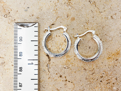 Sterling Silver Vintage Engraved Hoop Earrings, Medium Floral Hoops Gift for Her