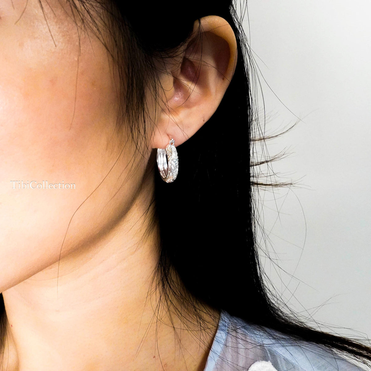 Sterling Silver Vintage Engraved Hoop Earrings, Medium Floral Hoops Gift for Her