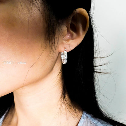 925 Sterling Silver Vintage Engraved Hoop Earrings, Medium Floral Hoops Gift for Her
