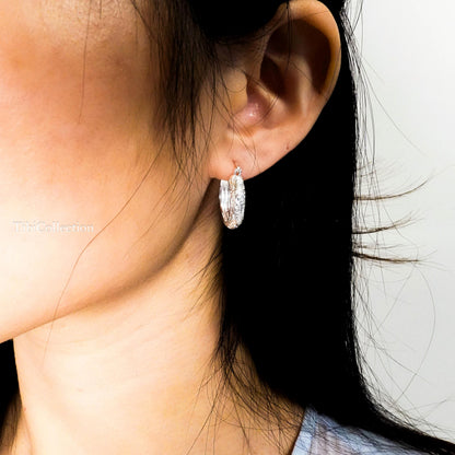 925 Sterling Silver Vintage Engraved Hoop Earrings, Medium Floral Hoops Gift for Her