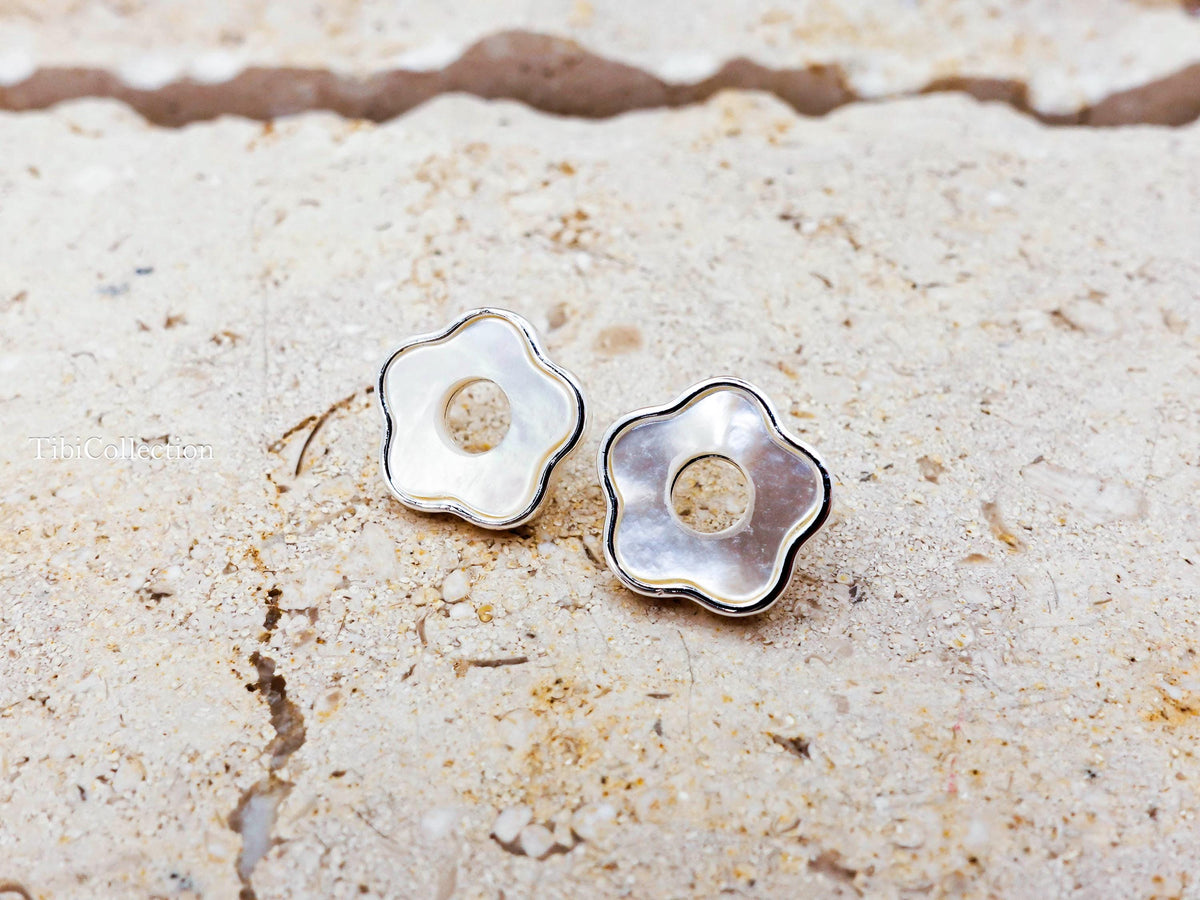 Sterling Silver Mother of Pearl Flower Stud Earrings, Floral Jewelry