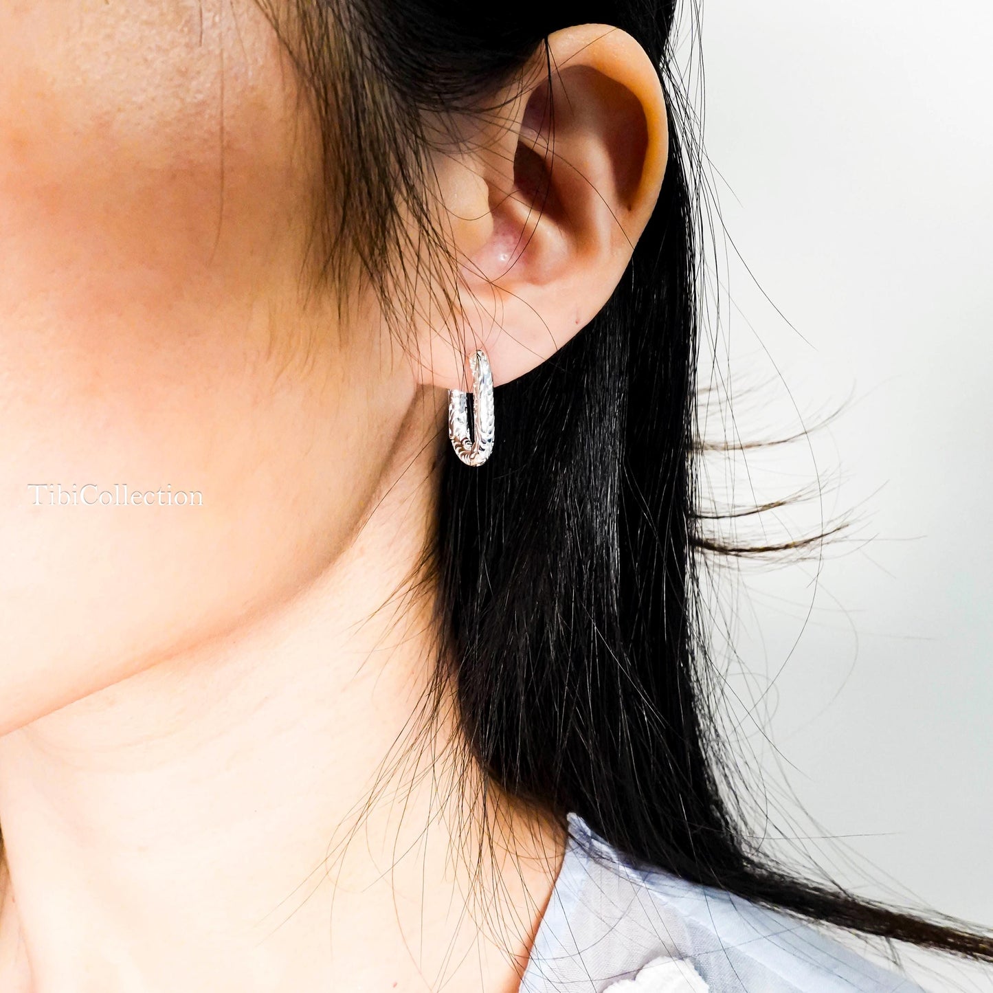 925 Sterling Silver Rectangle Huggie Hoops, Vintage Engraved Paperclip Earrings Gift
