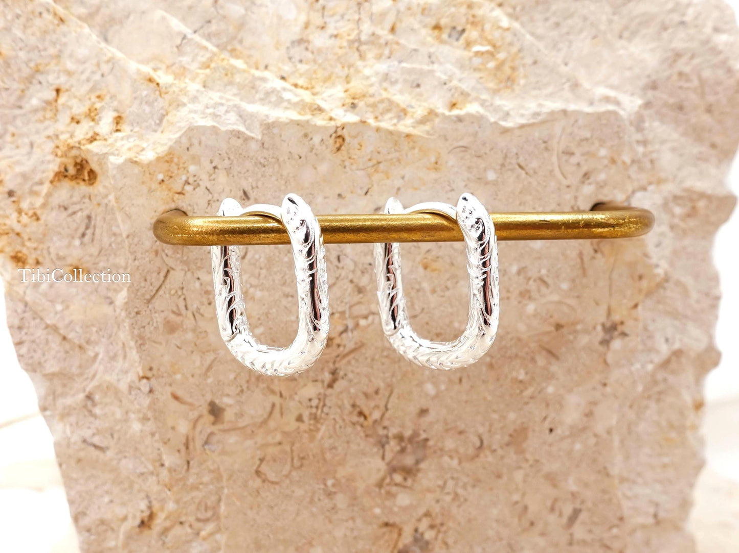 925 Sterling Silver Rectangle Huggie Hoops, Vintage Engraved Paperclip Earrings Gift