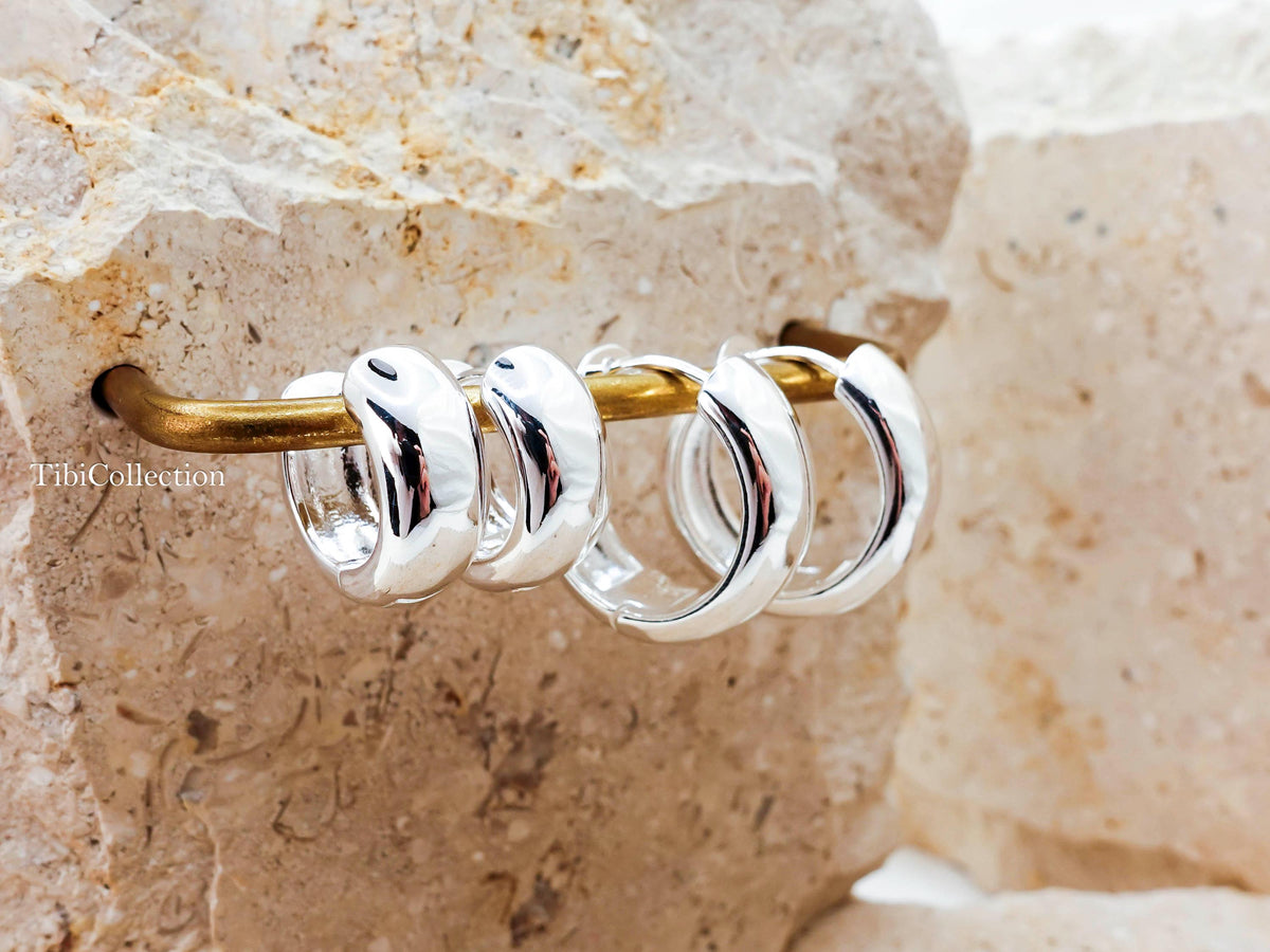 Sterling Silver Wide Huggie Hoop Earrings, Everyday Chunky Hoops Gift For Her Mom