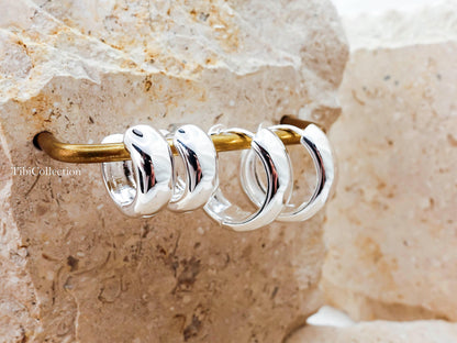 Sterling Silver Wide Huggie Hoop Earrings, Everyday Chunky Hoops Gift For Her Mom