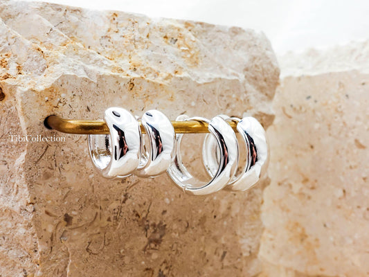 Sterling Silver Wide Huggie Hoop Earrings, Everyday Chunky Hoops Gift For Her Mom