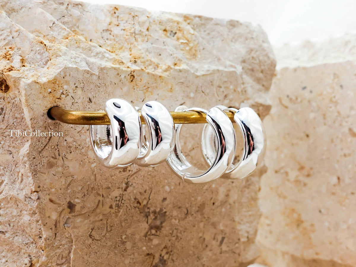Sterling Silver Wide Huggie Hoop Earrings, Everyday Chunky Hoops Gift For Her Mom
