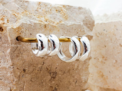 Sterling Silver Wide Huggie Hoop Earrings, Everyday Chunky Hoops Gift For Her Mom